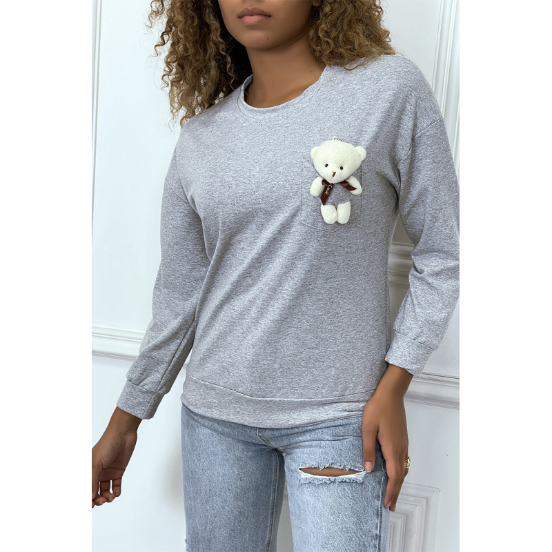 Pull gris manches longues avec poche doudou