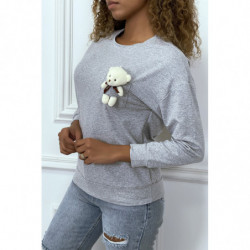 Pull gris manches longues avec poche doudou