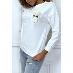 Pull blanc manches longues avec poche doudou