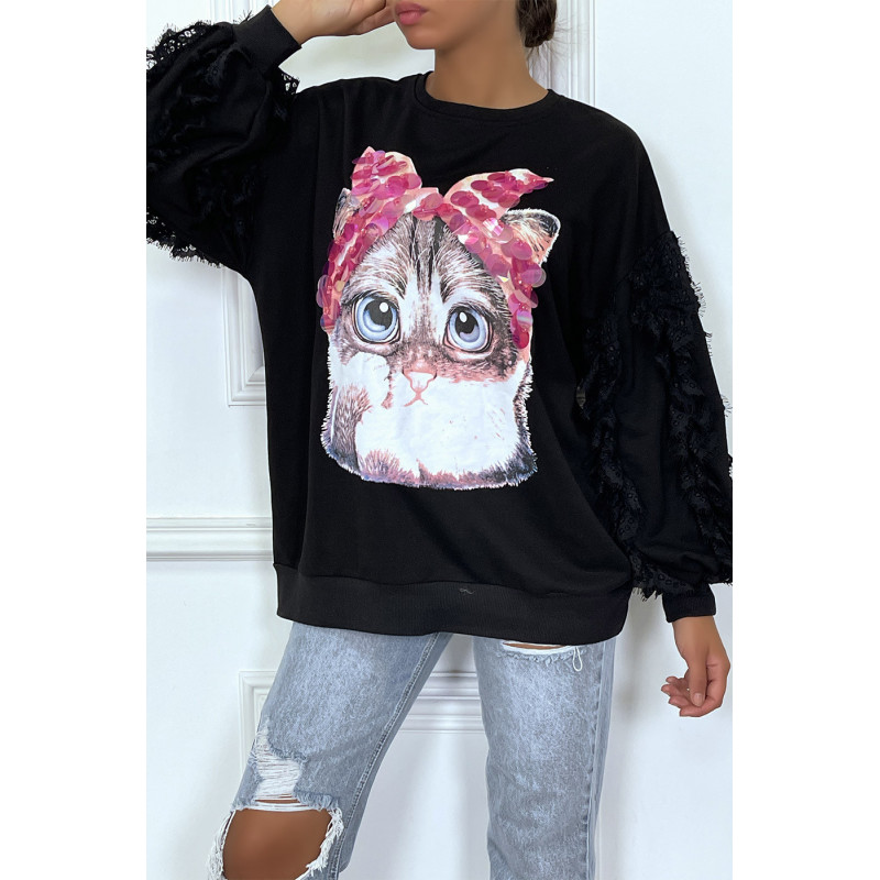 Pull noir à manches longues avec "tête de chat " et détails en sequins rose et dentelles