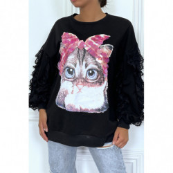 Pull noir à manches longues avec "tête de chat " et détails en sequins rose et dentelles