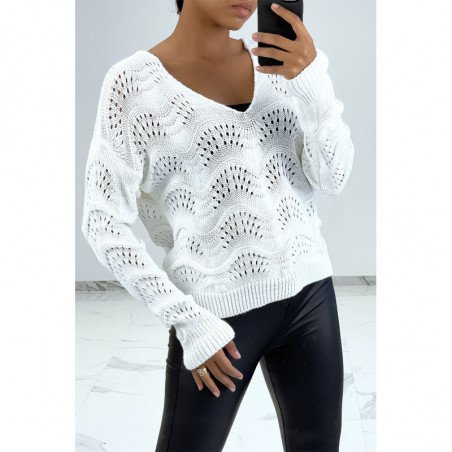 Pull blanc en maille côtelé avec motifs géométriques et manches oversize