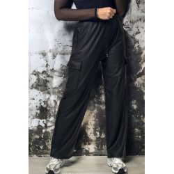 Pantalon treillis palazzo en simili noir molletonné - 1