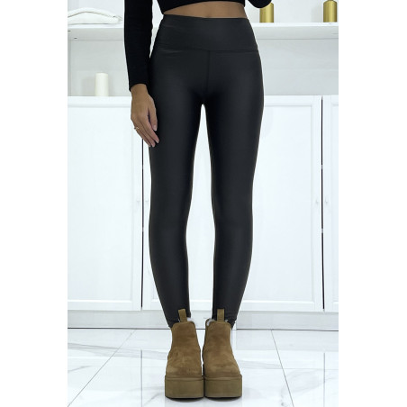 Legging noir en simili cuir molletonné et taille haute - 1