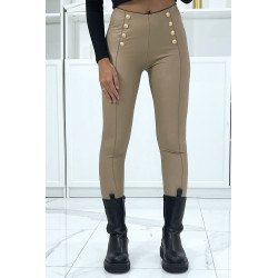 Pantalon slim taupe en simili avec boutons doré - 1