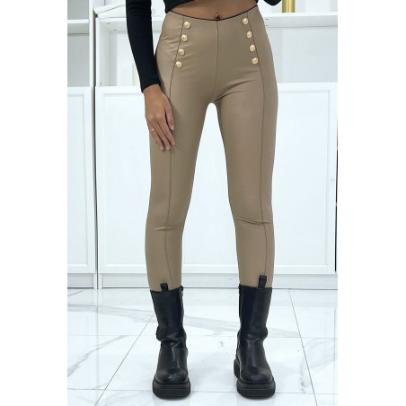 Pantalon slim taupe en simili avec boutons doré - 1