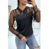 Blouse noire plumetis à col Claudine et noeud - 2