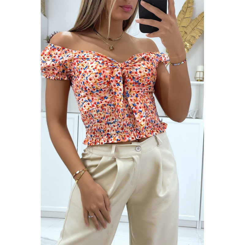 Crop top col bateau motif fleuris orange avec noeud - 1