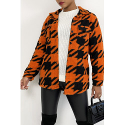 Veste surchemise bicolore orange et noire à carreaux mi-longue avec fermeture à boutons et col à revers - 1