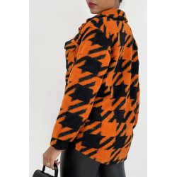 Veste surchemise bicolore orange et noire à carreaux mi-longue avec fermeture à boutons et col à revers - 3