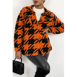 Veste surchemise bicolore orange et noire à carreaux mi-longue avec fermeture à boutons et col à revers - 5