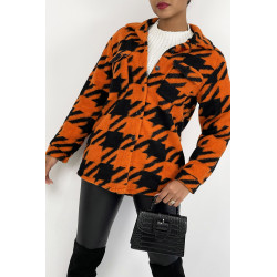 Veste surchemise bicolore orange et noire à carreaux mi-longue avec fermeture à boutons et col à revers - 7