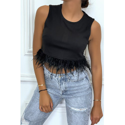 Crop top noir avec plumes sans manches à col rond - 3