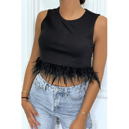 Crop top noir avec plumes sans manches à col rond - 4