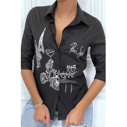 Chemise noire cintrée avec illustration Paris - 1