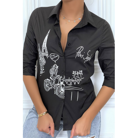 Chemise noire cintrée avec illustration Paris - 1