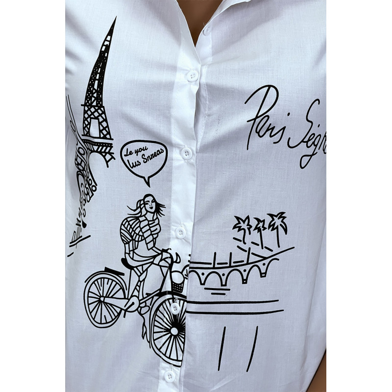 Chemise blanche cintrée avec illustration Paris - 1