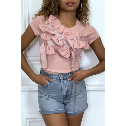 T-shirt rose manches courtes, avec des noeuds - 1