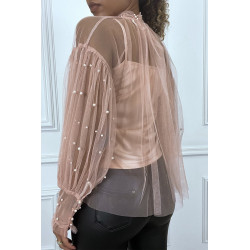 Blouse rose en tulle transparent perlé à col haut - 2