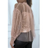 Blouse rose en tulle transparent perlé à col haut - 2