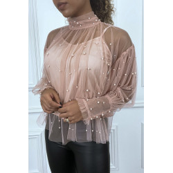 Blouse rose en tulle transparent perlé à col haut - 3