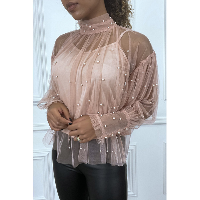 Blouse rose en tulle transparent perlé à col haut - 3