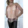 Blouse rose en tulle transparent perlé à col haut - 4