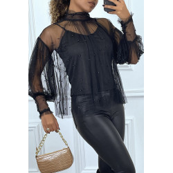 Blouse noire en tulle transparent perlé à col haut - 1