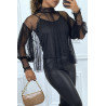 Blouse noire en tulle transparent perlé à col haut - 1