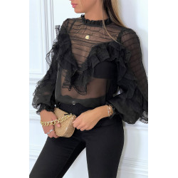 Blouse noir en tulle avec broderie et volant - 3