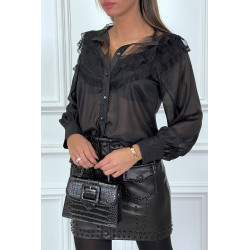 Chemise noire avec dentelle plissé et volant très chic - 1