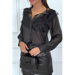 Chemise noire avec dentelle plissé et volant très chic - 4