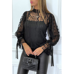 Blouse noire en tulle et dentelle à volants - 7