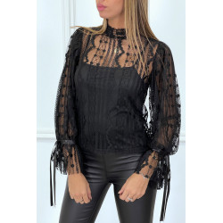 Blouse noire en tulle et dentelle à volants - 12