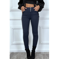 Pantalon slim marine avec 3 boutons et poches - 1