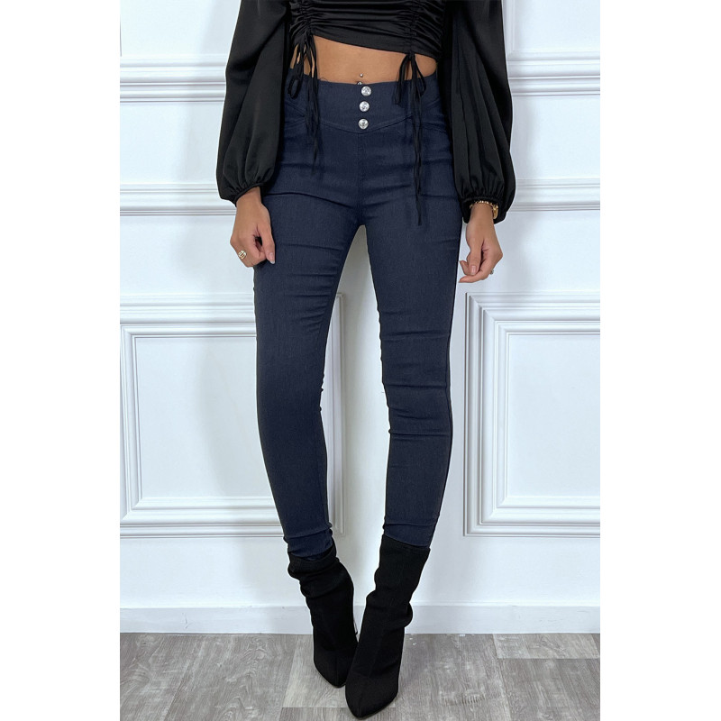 Pantalon slim marine avec 3 boutons et poches - 2