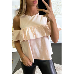 Blouse rose à volant et épaules dénudées effet bouffant. - 2