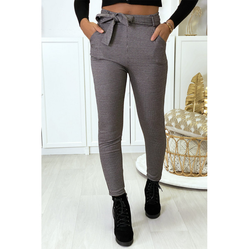 Pantalon slim à motif vichy taupe molletonné à l'intérieur avec poches et ceinture - 3