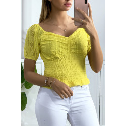 Crop top en dentelle jaune avec élastique à la taille - 2