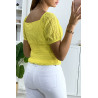 Crop top en dentelle jaune avec élastique à la taille - 4