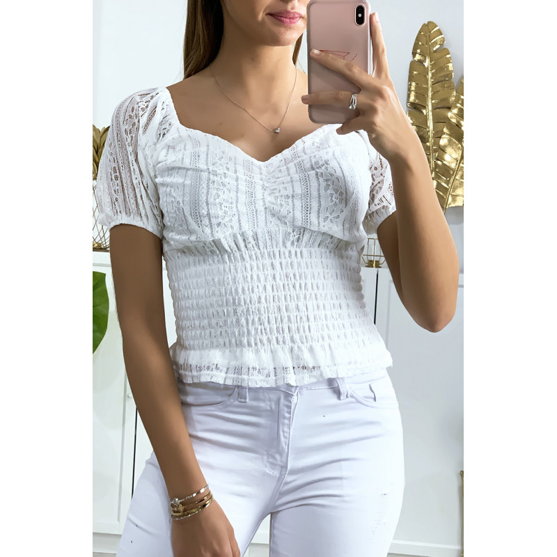 Crop top en dentelle blanc avec élastique à la taille - 3