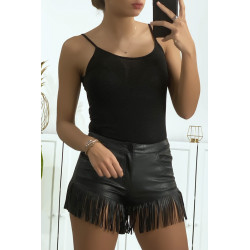 Joli short noir en simili avec poches et frange - 2