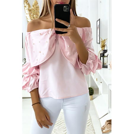 Blouse rose avec papillons ornée de strass à l'avant - 1