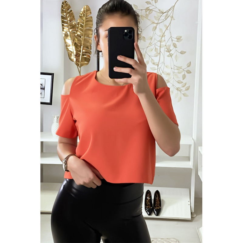 Crop top corail épaules dénudé avec fermeture au dos F 2275 - 3