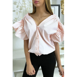 Blouse chemise rose boutonnés à l'avant  avec volant aux manches et fronce aux épaules - 1