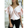 Blouse chemise rose boutonnés à l'avant  avec volant aux manches et fronce aux épaules - 1