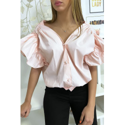 Blouse chemise rose boutonnés à l'avant  avec volant aux manches et fronce aux épaules - 2