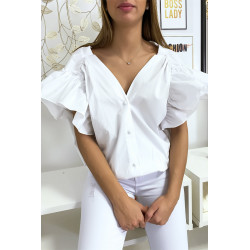 Blouse chemise blanche boutonnés à l'avant  avec volant aux manches et fronce aux épaules - 1