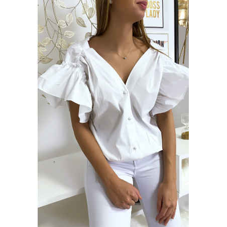 Blouse chemise blanche boutonnés à l'avant  avec volant aux manches et fronce aux épaules - 5