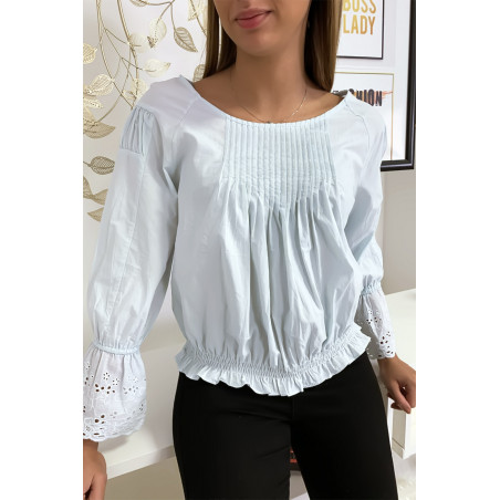 Blouse bleu plissé au buste avec volant en dentelle aux manches - 1